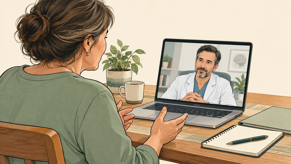 Ilustração de uma paciente conversando com um médico por videochamada em um computador.